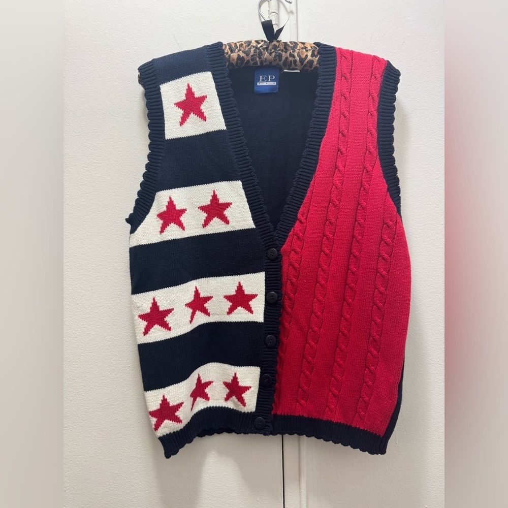 Vintage EP Pro Red White Blue Americana V Neck Sweater Vest XL Y2K